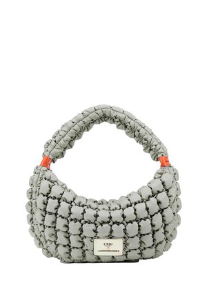 Hellgraue gepolsterte Handtasche mit einer strukturierten Blasenoptik, kurzem Riemen und einem weißen Etikett mit der Aufschrift „UNIO les VISIONNAIRES.“