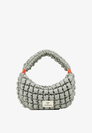 Borsa imbottita grigio chiaro con motivo a bolle testurizzato, tracolla corta e etichetta bianca con la scritta "UNIO les VISIONNAIRES."