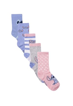 Set van zes gestreepte sokken met verschillende ontwerpen: blauw met figuren, grijs met accenten, roze met stippen en gestreepte stijlen.