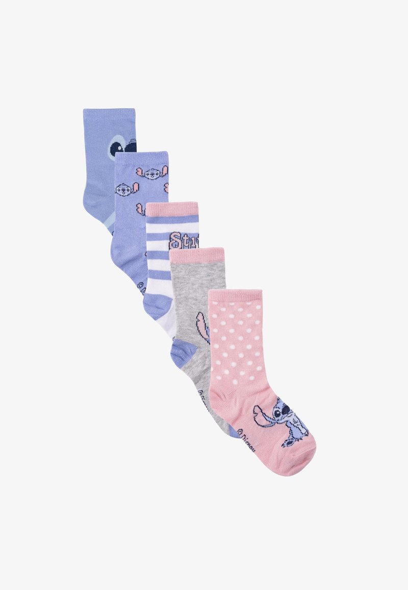 Set di sei calzini a motivi con vari design: blu con personaggi, grigio con dettagli, rosa con pois e modelli a righe.
