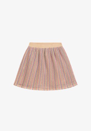 Knee-length, pleated skirt with multicolored striped knit pattern and beige elastic waistband.