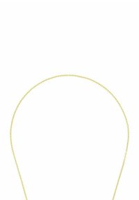 Collana a catena in oro delicato con un piccolo ciondolo a forma di perla bianca rotonda appeso al centro.