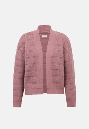 Cardigan tricot roz deschis cu textură verticală cu dungi, deschis în față și cu mâneci largi. Material moale; croială lejeră. Fără închizători vizibile.