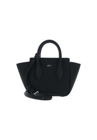 Sac à main noir en matériau texturé, avec deux poignées courtes, une bandoulière amovible et un accent logo à l'avant.
