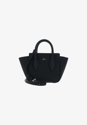 Black handbag made of textured material, featuring two short handles, a detachable shoulder strap, and a logo accent on the front.