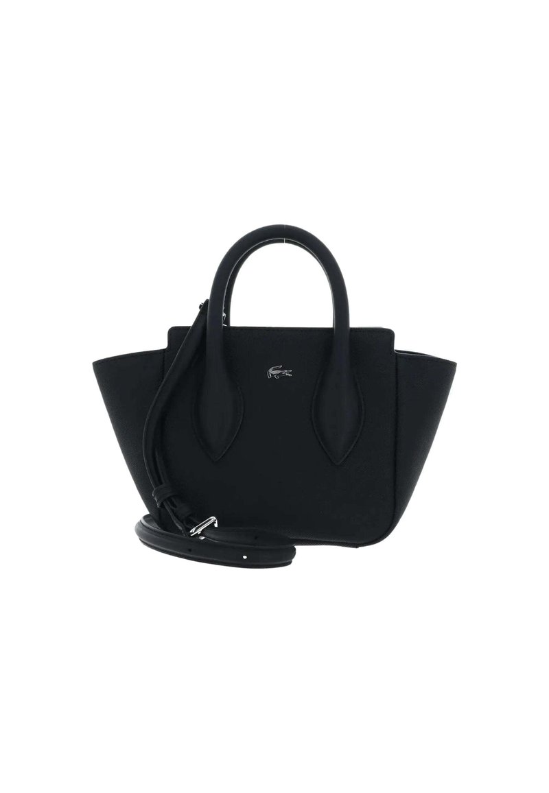 Sac à main noir en matériau texturé, avec deux poignées courtes, une bandoulière amovible et un accent logo à l'avant.