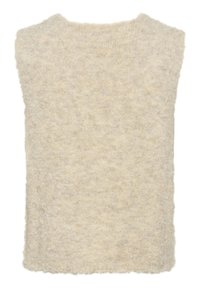 Pullover in maglia senza maniche di colore crema con una texture morbida e pelosa. I bordi sono leggermente sfrangiati; assenti cuciture visibili o dettagli in metallo. Vestibilità standard.