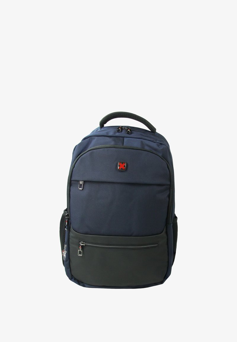 Sac à dos bleu marine avec des accents noirs, comportant une poignée supérieure, plusieurs compartiments zippés et une surface en tissu texturé.
