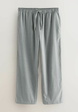 Lys grå, stribede, brede bukser med elastisk talje og snørebånd. Blødt stof med en glat tekstur.