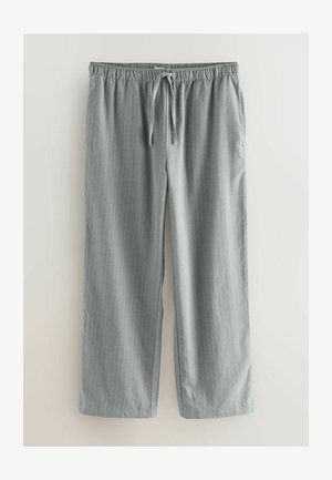 Hellgraue, gestreifte, weit geschnittene Hosen mit einem elastischen Bund und Zugband. Weicher Stoff mit glatter Textur.