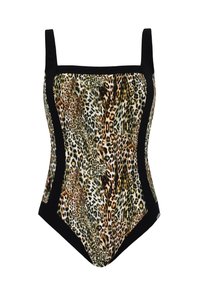 Jednodielne plavky s leopardím vzorom, ktoré majú čierne bočné panely, štvorcový výstrih a nastaviteľné ramienka. Vyrobené z hladkého, elastického materiálu.