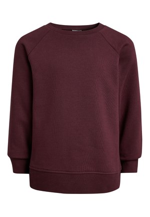 Langärmliges Sweatshirt mit Rundhalsausschnitt in einfarbigem dunkelburgunder mit gerippten Bündchen und Saum, auf weißem Hintergrund dargestellt.