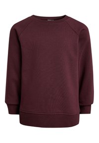 Sudadera burdeos con cuello redondo, mangas raglán y puños y dobladillo acanalados. Fabricada con una tela texturizada para un ajuste cómodo.
