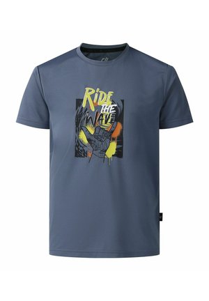 Kurzärmeliges T-Shirt in Schieferblau mit dem Text "Ride the Wave" und einer Hand, die vor einem bunten abstrakten Hintergrund das Shaka-Zeichen macht.
