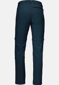 Ciemnoniebieskie, elastyczne spodnie o dopasowanym kroju, z tylną kieszenią i regulowanymi mankietami do zmiany długości.