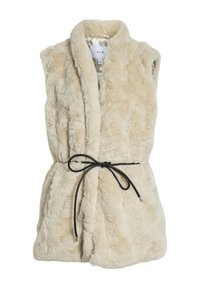 Faux fur ärmlös väst i krämfärg, med en texturerad yta, bred krage och ett svart dragsnöre i midjan.