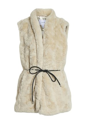 Faux fur ärmlös väst i krämfärg, med en texturerad yta, bred krage och ett svart dragsnöre i midjan.