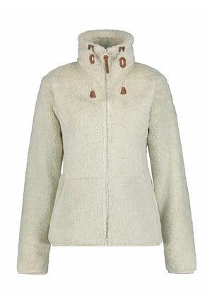 Fleecejacke in Cremefarbe mit durchgehendem Frontreißverschluss, hohem Kragen und mit Leder akzentuierten Kordeln an der Kapuze.