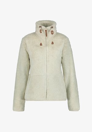 Flødefarvet fleecetrøje med fuld lynlås foran, høj krave og snoretræk med læderdetaljer på hætten.