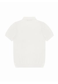 Koszulka polo z krótkim rękawem, biała, z klasycznym kołnierzykiem, gładką fakturą i ściągaczem u dołu. Ma prosty, gładki design pleców.
