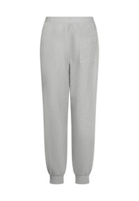 Lichtgrijze joggers van een textuurstof, met een elastische tailleband en boorden. Heeft een enkele achterzak aan de rechterkant.
