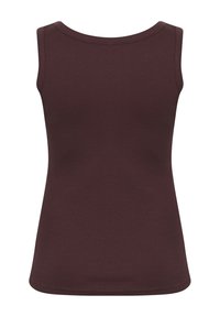 Burgundy sleeveless top with a round neckline. Features a fitted design and ribbed texture. No patterns or accents present.