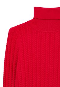 Maglione a collo alto lavorato a maglia rossa con una texture a coste. Presenta un motivo a treccia spesso e un colletto alto e aderente per il calore.