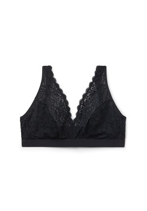 Schwarzer Spitzen-Bralette mit tiefem V-Ausschnitt, gewellten Kanten und glattem Band. Zarte Blumenmuster durch das Spitzenmaterial.