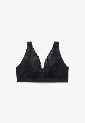 Schwarzer Spitzen-Bralette mit tiefem V-Ausschnitt, gewellten Kanten und glattem Band. Zarte Blumenmuster durch das Spitzenmaterial.