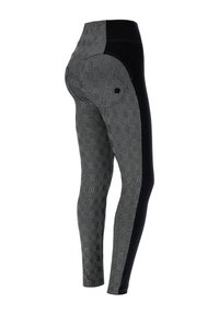 Leggings neri e grigi con un motivo a quadri testurizzato su un lato e nero uniforme sull'altro, con un dettaglio tasca nella sezione a quadri.