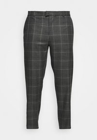 Grå rutiga byxor med ett subtilt rutmönster, skräddarsydd passform och en slät tygstruktur. Har bältesöglor och platt frontdesign.