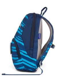 Blauwe en marineblauwe gestreepte rugzak met twee ritssluitingen, een gewatteerde achterkant en verstelbare schouderbanden. Bevat een kleine lus om op te hangen.