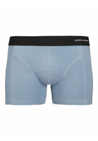 Lichtblauwe boxershorts gemaakt van zachte stof; voorzien van een zwarte elastische tailleband met "JACK & JONES" branding en contournaden.