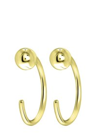 Boucles d'oreilles en métal doré de forme hoop, avec un dessus arrondi et un design lisse et courbé qui se termine en une pointe.