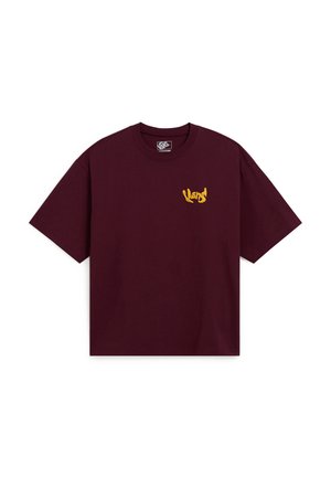 Maroon short-sleeve T-shirt with small yellow Vans logo on the left chest, crew neck, and relaxed fit.