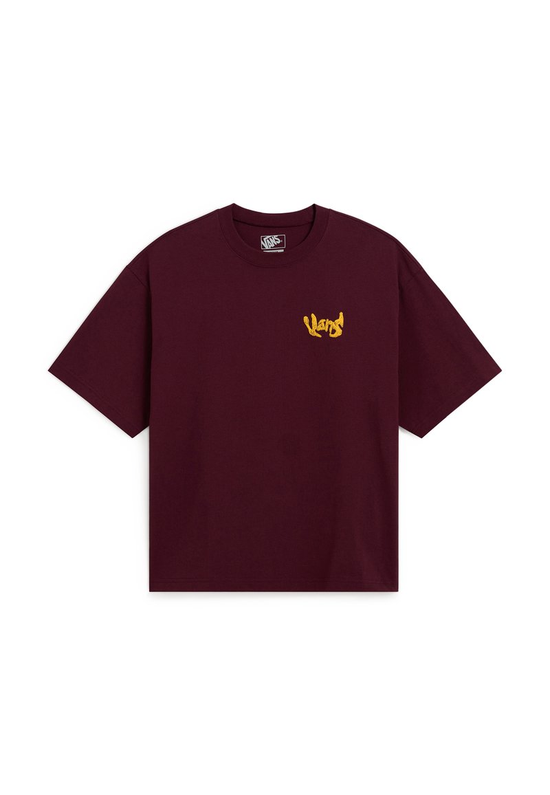 Maroon short-sleeve T-shirt with small yellow Vans logo on the left chest, crew neck, and relaxed fit.
