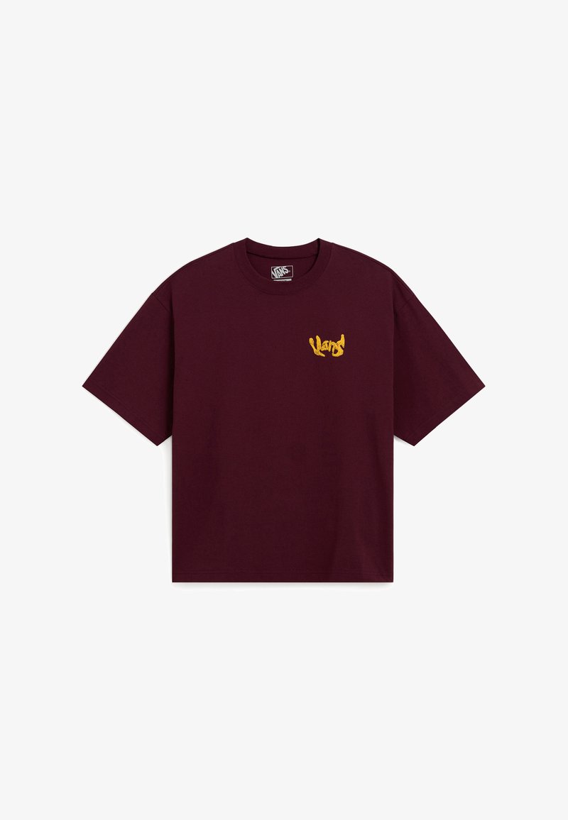 Maroon short-sleeve T-shirt with small yellow Vans logo on the left chest, crew neck, and relaxed fit.