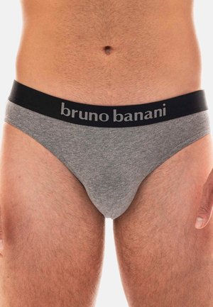 Graue Baumwollslips mit einem schwarzen Bund, auf dem "bruno banani" in silberner Schrift steht. Weiche Textur und figurbetontes Design.