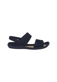 Black open-toe sandal with two adjustable straps and a cushioned sole designed for comfort and casual wear.