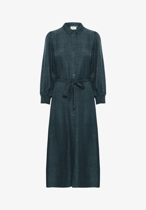 Donkerblauwe button-up jurk met lange mouwen, tailleband en gestructureerde stof. Heeft een kraag en plooien bij de polsen.