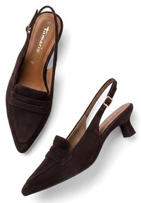 Chaussures femmes slingback en daim brun foncé avec talons bas, bouts pointus et une bride décorative à l'avant, taille 37.