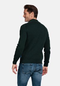 Donkergroene geribbelde gebreide trui met hoge kraag, strakke manchetten en zoom. Gecombineerd met blauwe spijkerbroek. Achteraanzicht weergegeven.