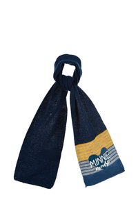 Bufanda navy con un diseño degradado que presenta franjas amarillas y azul claro. "MINNIE Mouse" está impreso en la parte inferior en una escritura blanca.