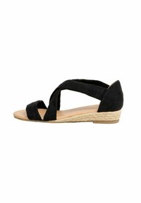 Mustat samettiset korkokenkiä, joissa on ristikkäiset hihnat ja espadrille-tyylinen köysipohja. Sileä pohjallinen ja matala korko.