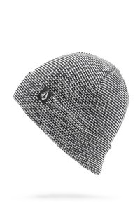 Bonnet tricoté noir et blanc avec un motif texturé, de forme arrondie, et une petite étiquette logo noire sur le côté.