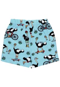 Jasnoniebieskie bawełniane szorty z fantazyjnym wzorem strusia, przedstawiającym je na deskorolce i rowerze na tle trawiastym.