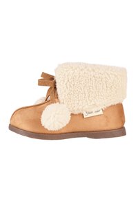 Sandfarbene Wildlederstiefel mit einem flauschigen, cremefarbenen Futter, verziert mit zwei Pompons und einer dekorativen Schleife. Flache Sohle für Komfort und einfaches Tragen.