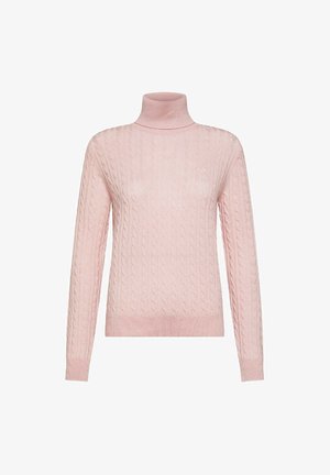 Maglione a collo alto a trecce di un morbido rosa, con maniche lunghe e orlo a costine. Realizzato in un tessuto liscio con una sottile texture.