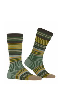 Calzini a righe nei colori verde, marrone e giallo con un polsino a coste. Realizzati in tessuto morbido con punta e tallone rinforzati.