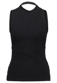 Sleeveless black top with a high neckline and textured fabric, featuring a fitted design and subtle geometric seam details.